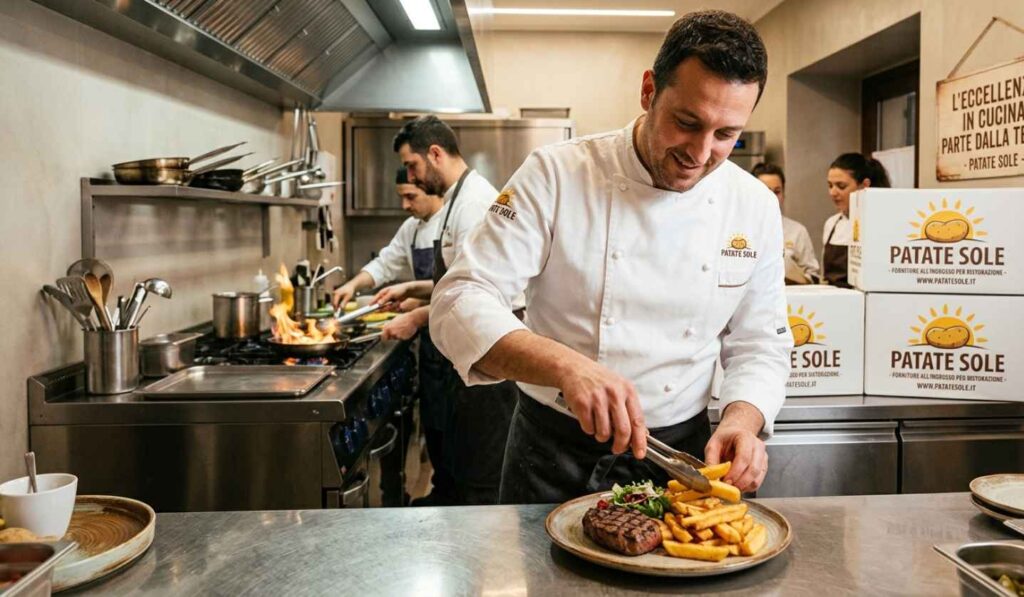 Chef che prepara un piatto di carne con patate fritte di alta qualità fornite da Patate Sole in una cucina professionale.